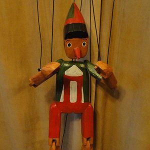 Wooden Pinocchio-Style Marionette Puppet Toy - Red & Green